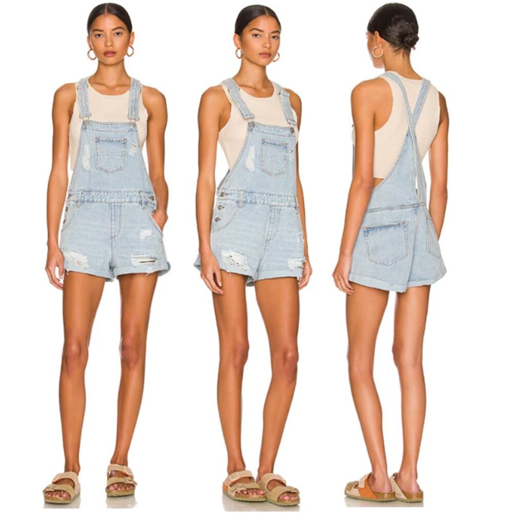 NWT superdown Meghan Adjustable Straps Distressed Short Overalls Blue Women's L
